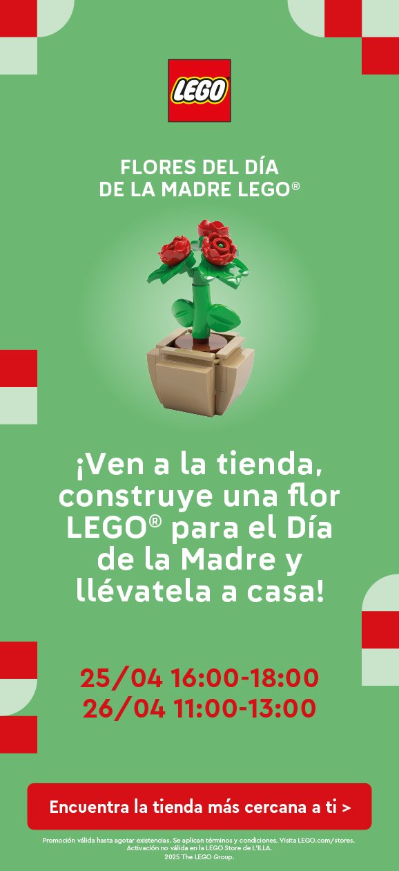 Cartel del taller LEGO® Flores del Día de la Madre, con horarios del evento