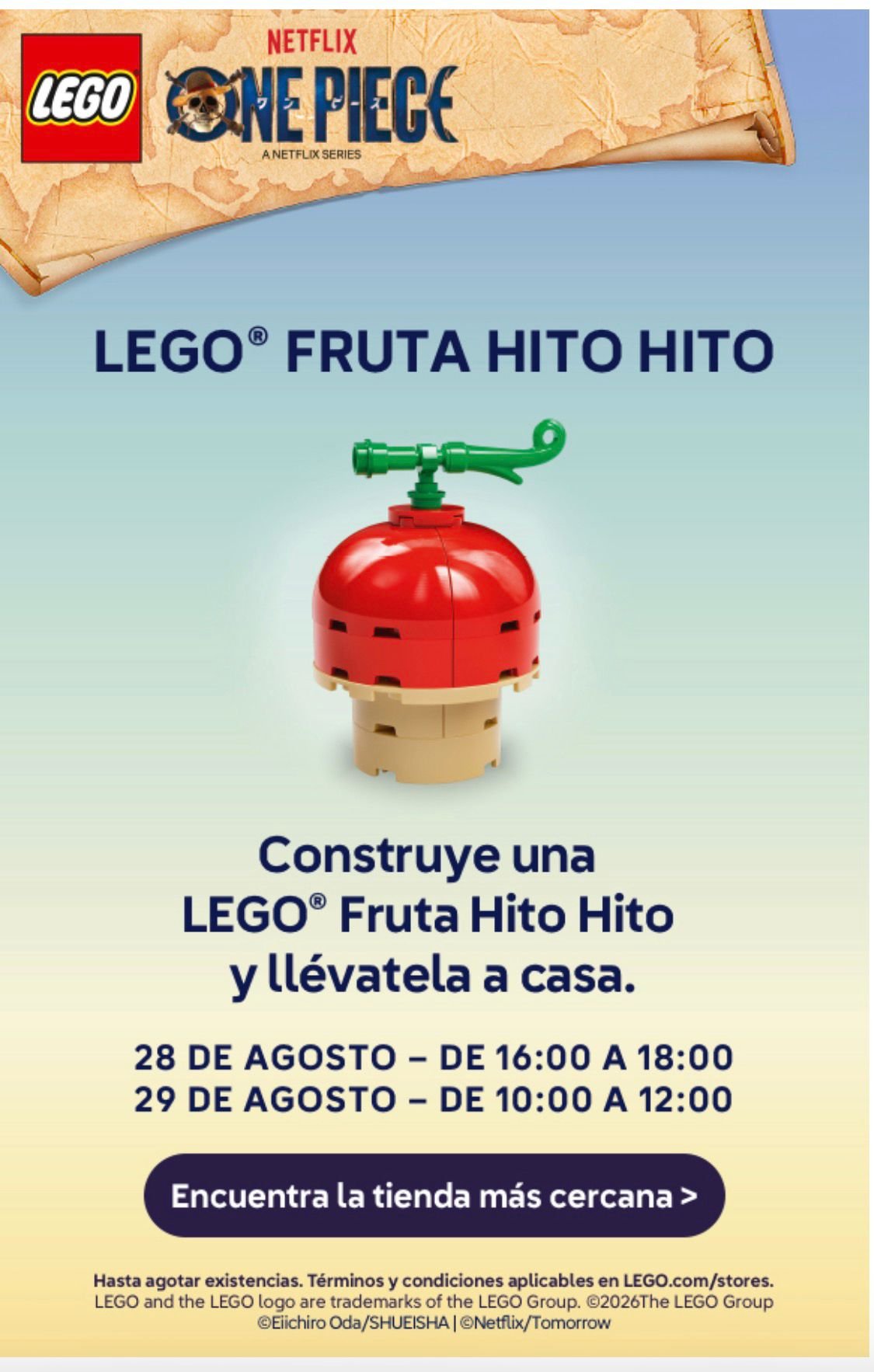 Cartel del taller LEGO® x One Piece Fruta Hito Hito, con horarios del 28 y 29 de agosto
