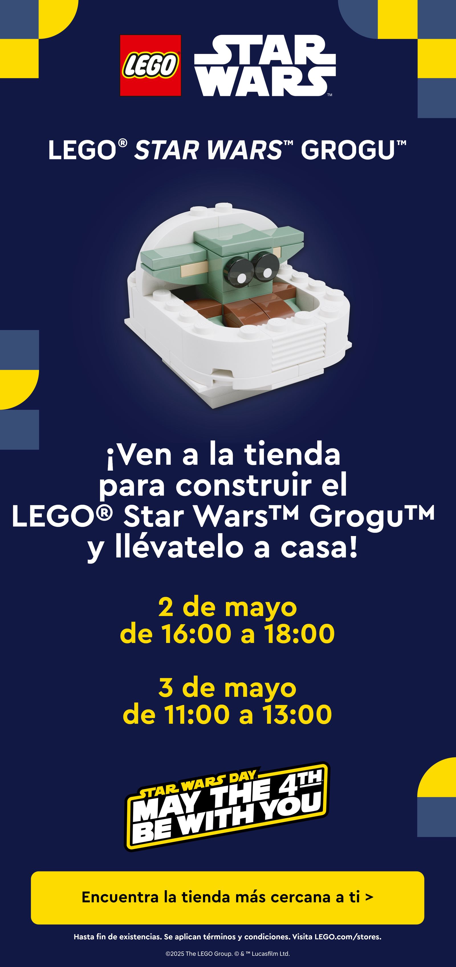 Cartel del taller LEGO® Grogu LEGO® (Star Wars), con horarios del evento