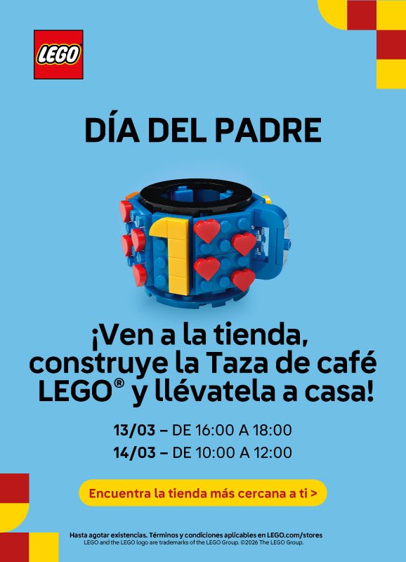Cartel del taller LEGO® Taza de café del Día del Padre, con horarios del evento