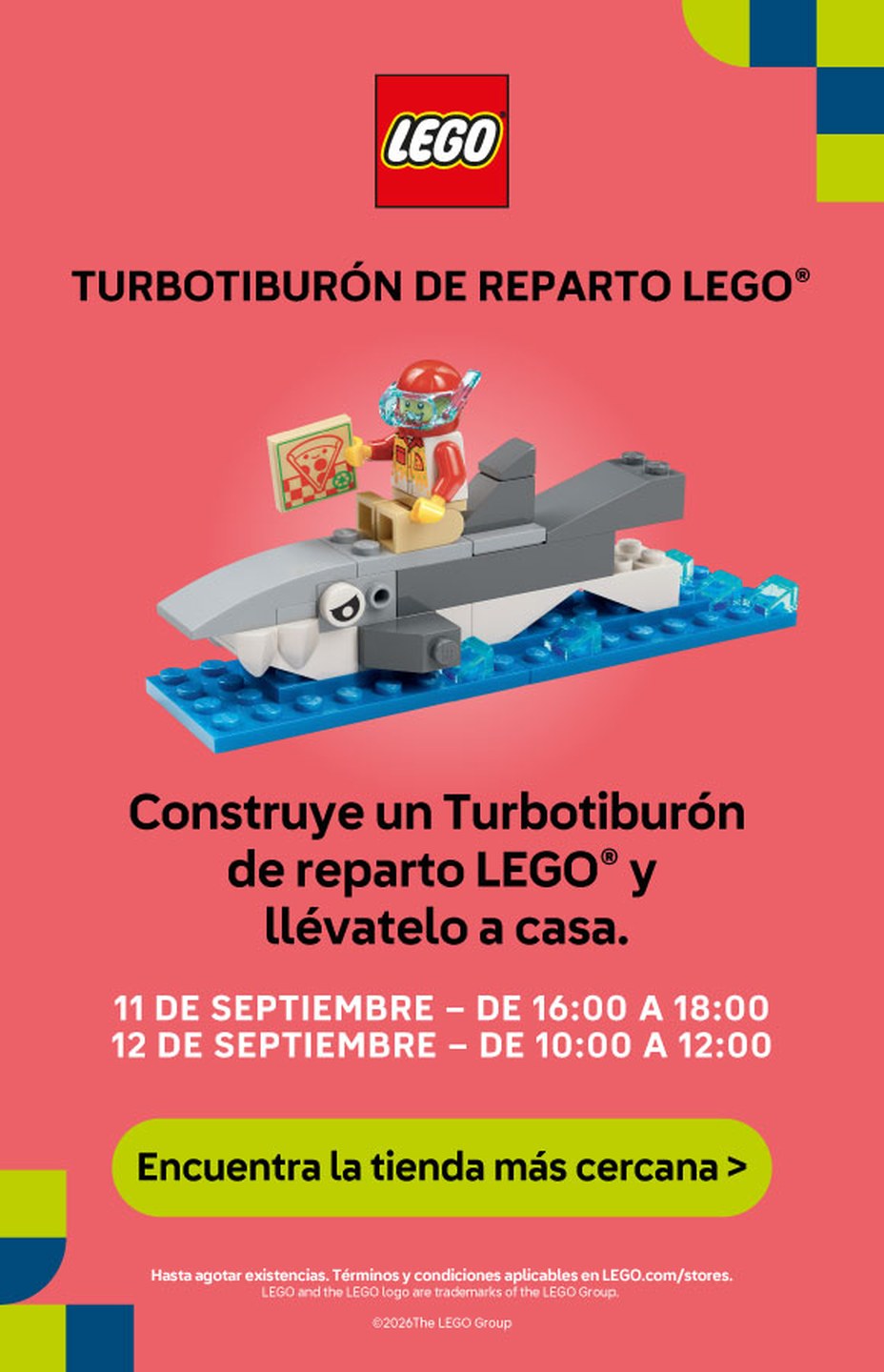 Cartel del taller LEGO® Turbotiburón de reparto, con horarios del 11 y 12 de septiembre